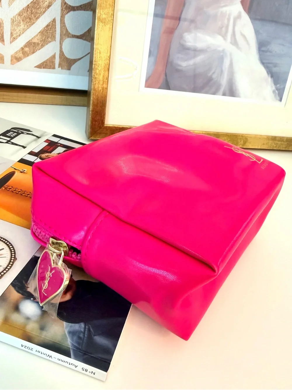YSL Fuchsia Cosmetic Bag Heart Zipper
